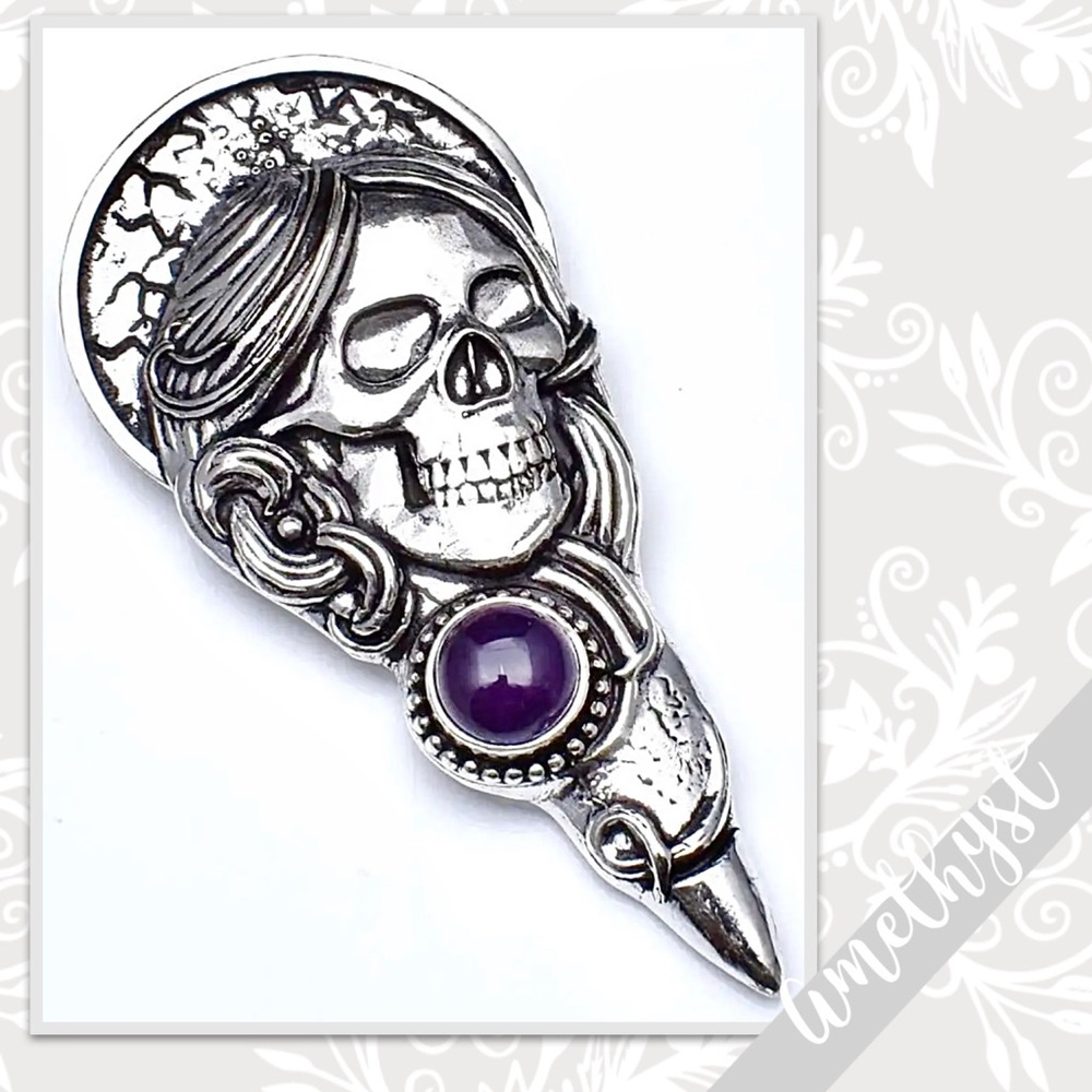 Amethyst Dia de Los Muertos Woman’s Skull Silver Artisan Pendant 3.1” (Purple)